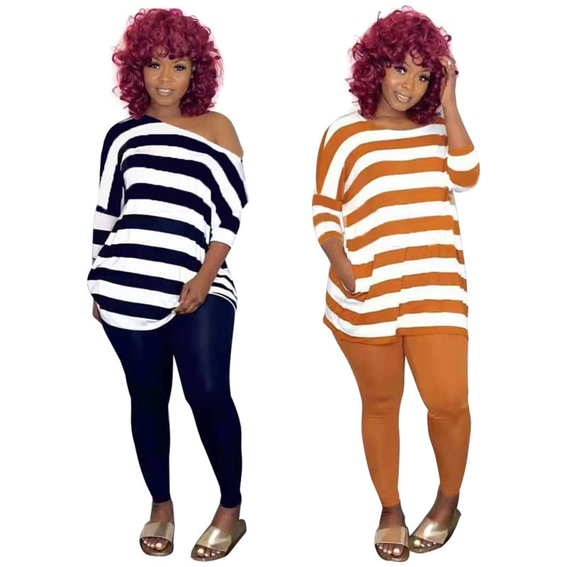 2021 Anti-UV Casual 2 pièces ensemble rayé loisirs hors de l'épaule ensemble haut et pantalon ensemble de course à pied tenues de jogging