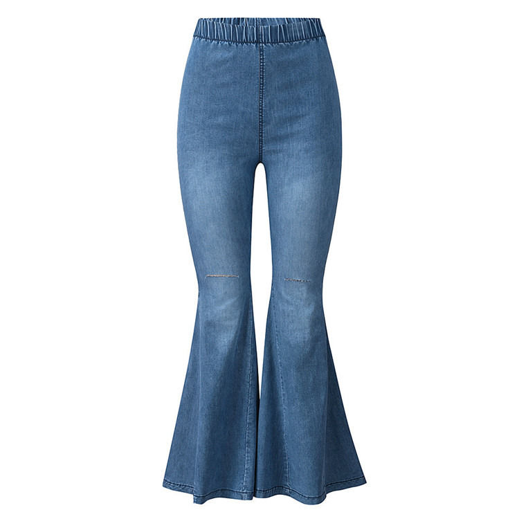 Couleur étanche haute taille élastique taille genou cloche déchirée bas femmes jeans flare pantalons