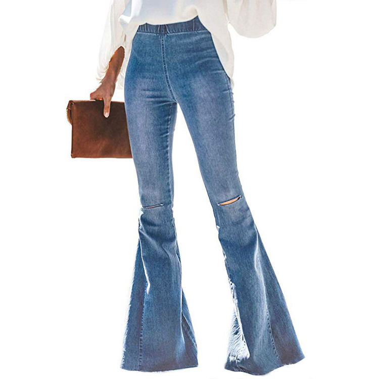 Couleur étanche haute taille élastique taille genou cloche déchirée bas femmes jeans flare pantalons