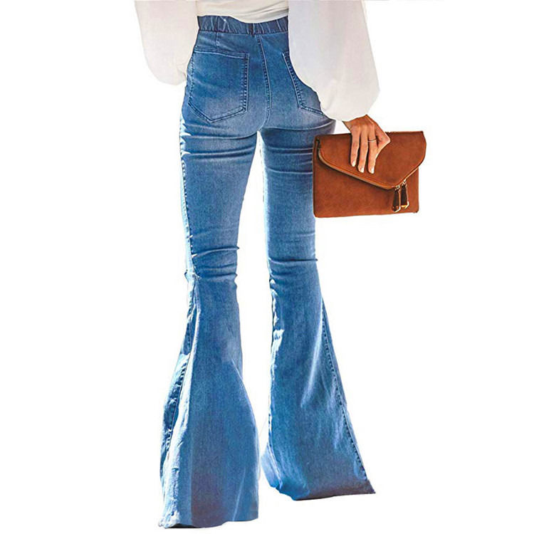 Couleur étanche haute taille élastique taille genou cloche déchirée bas femmes jeans flare pantalons