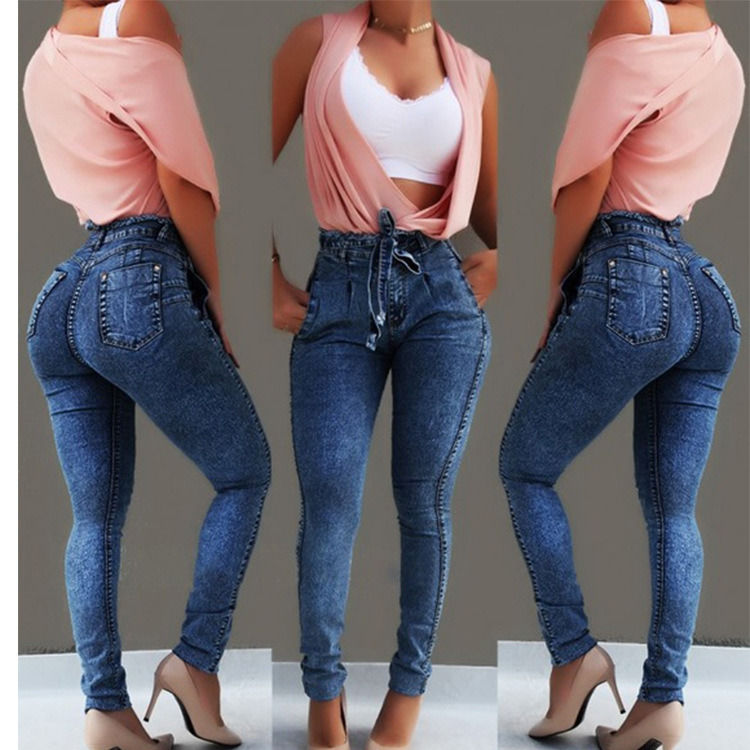 Ceinture de taille Tassel Couleur Fading Proof Haute qualité Haute ceinture Skinny crayon Jeans femme Jeans élastique