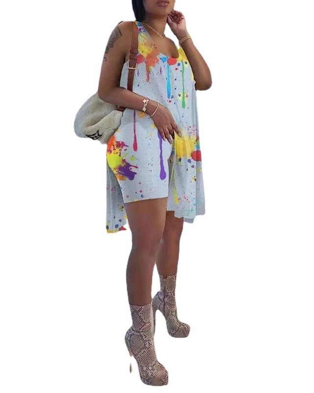 2021 Anti-UV Tie Die 2 pièces Série de courts-métrages d'impression à l'encre éclaboussée tenues irrégulières bord asymétrique