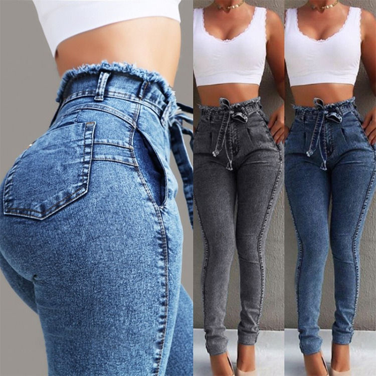 Ceinture de taille Tassel Couleur Fading Proof Haute qualité Haute ceinture Skinny crayon Jeans femme Jeans élastique