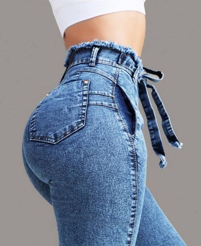 Ceinture de taille Tassel Couleur Fading Proof Haute qualité Haute ceinture Skinny crayon Jeans femme Jeans élastique