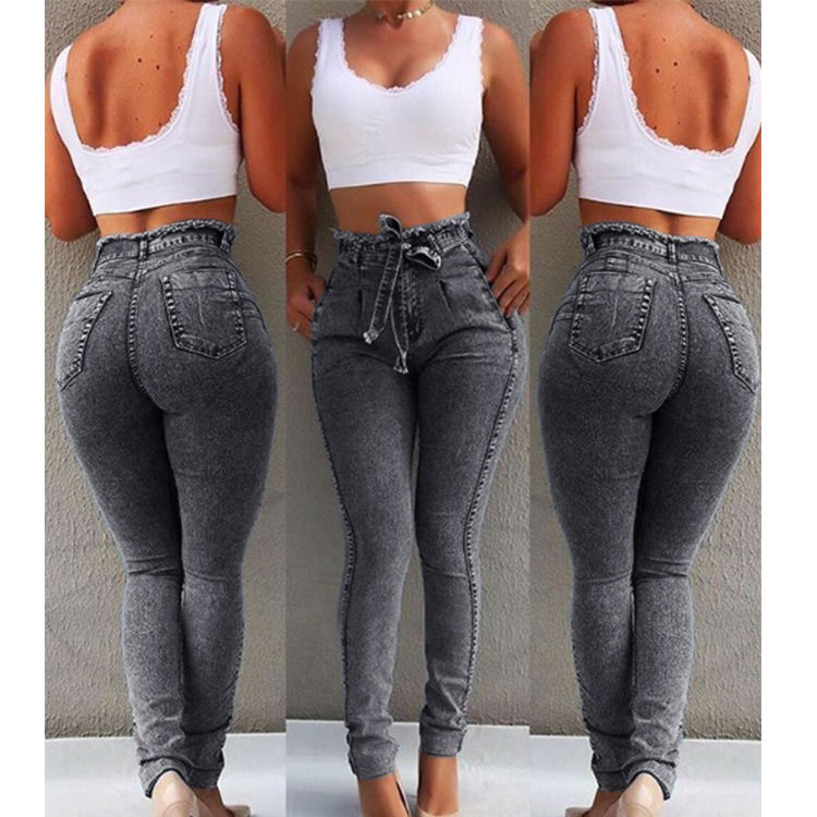 Ceinture de taille Tassel Couleur Fading Proof Haute qualité Haute ceinture Skinny crayon Jeans femme Jeans élastique
