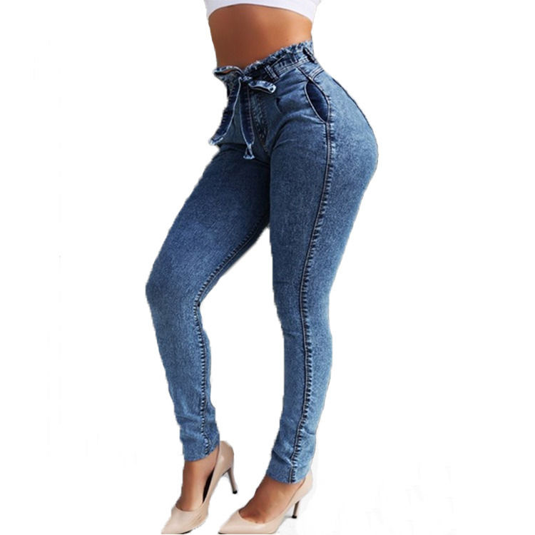 Ceinture de taille Tassel Couleur Fading Proof Haute qualité Haute ceinture Skinny crayon Jeans femme Jeans élastique