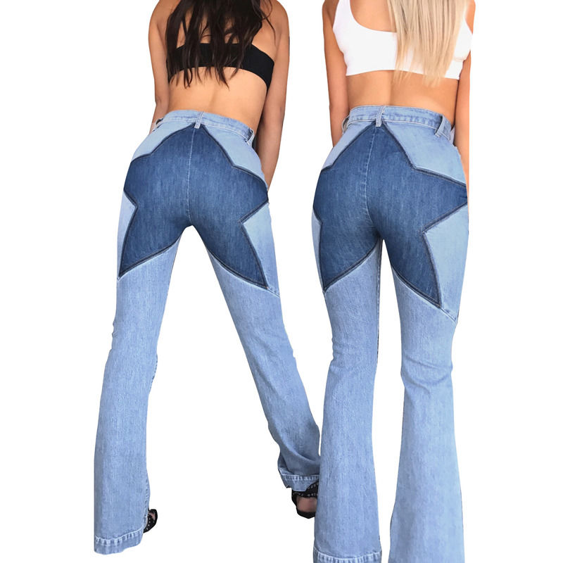 Couleur éblouissante de bonne qualité patchwork jean hip star couture étirement pantalon éclaboussé femmes jeans long