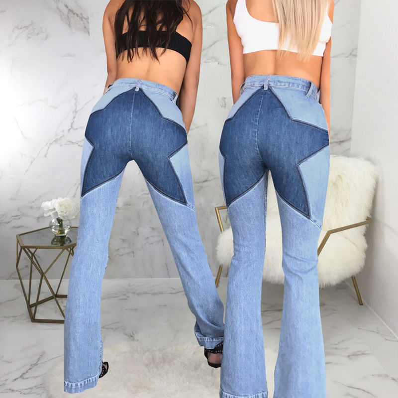 Couleur éblouissante de bonne qualité patchwork jean hip star couture étirement pantalon éclaboussé femmes jeans long
