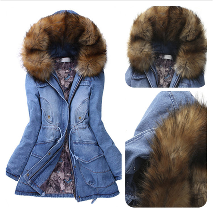 Collier en fourrure 2020 Gilet denim Hiver imperméable à l'eau épais coton rembourrés Jeans en capuche manteau femmes
