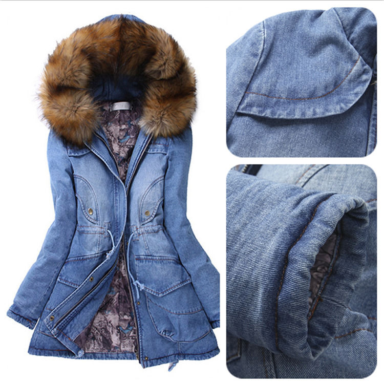 Collier en fourrure 2020 Gilet denim Hiver imperméable à l'eau épais coton rembourrés Jeans en capuche manteau femmes