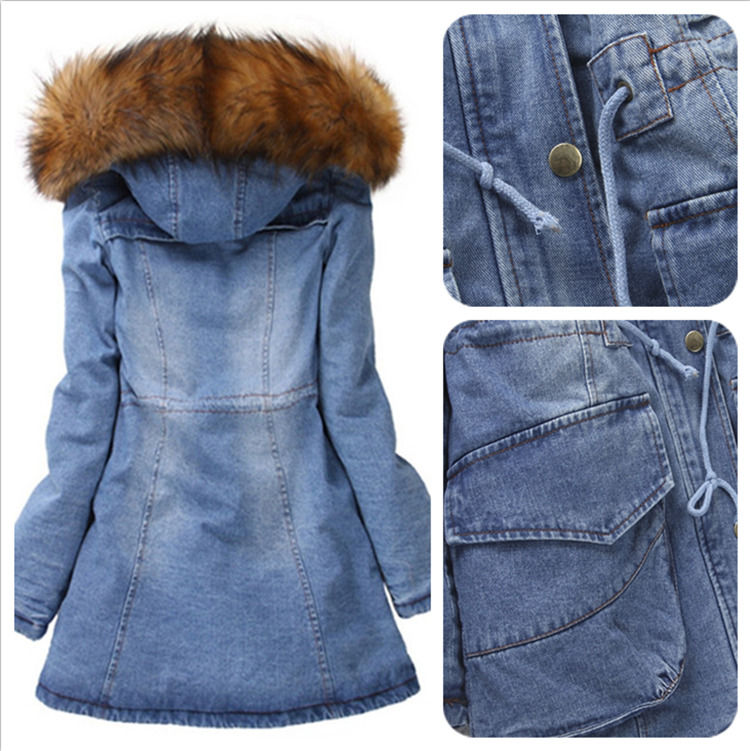Collier en fourrure 2020 Gilet denim Hiver imperméable à l'eau épais coton rembourrés Jeans en capuche manteau femmes