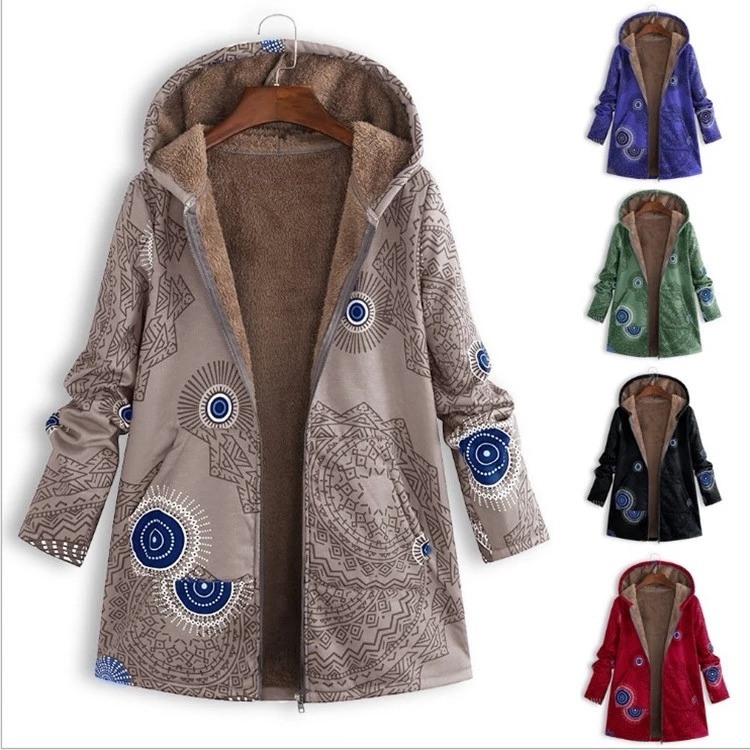 Fabrique en gros imperméable à l'eau femmes manteau d'hiver imprimé poche sweatshirt veste femmes de qualité d'âge laine de mode