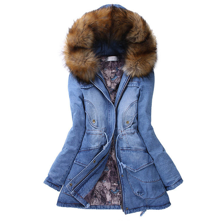 Mode épais collier de fourrure en coton rembourrée jean denim veste d'hiver jean à capuche manteau imperméable femmes