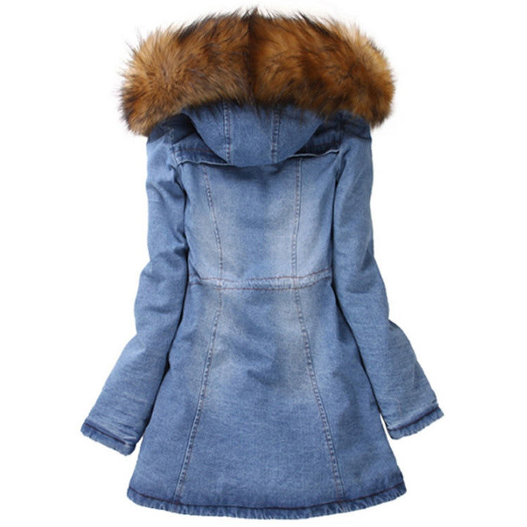 Mode épais collier de fourrure en coton rembourrée jean denim veste d'hiver jean à capuche manteau imperméable femmes