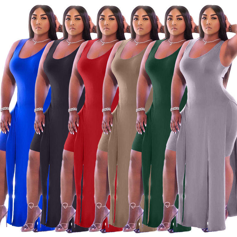 2021 NEW Anti-statique Ensemble de deux pièces Élastique Split Tank Robe d'été Robe courte Sans manches Robe décontractée