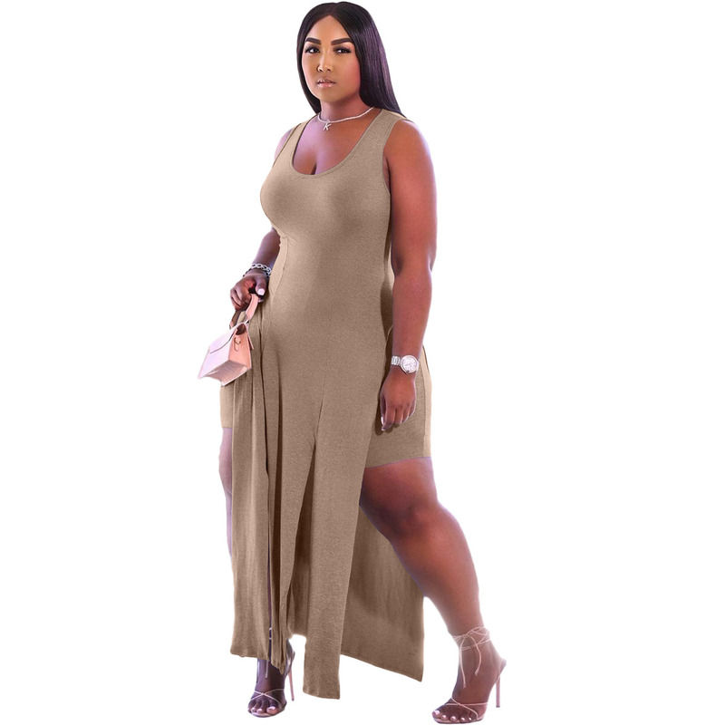 2021 NEW Anti-statique Ensemble de deux pièces Élastique Split Tank Robe d'été Robe courte Sans manches Robe décontractée